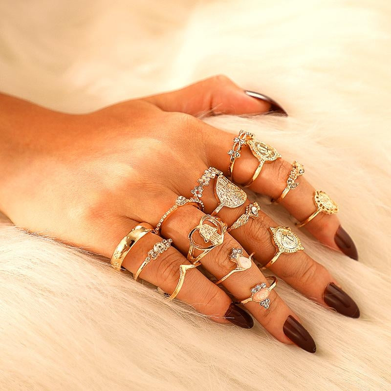 Vintage Alloy Coin Cross Pattern Rhinestone Love Ring Set - 15 Pieces
