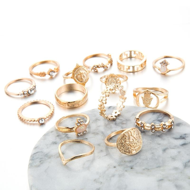 Vintage Alloy Coin Cross Pattern Rhinestone Love Ring Set - 15 Pieces