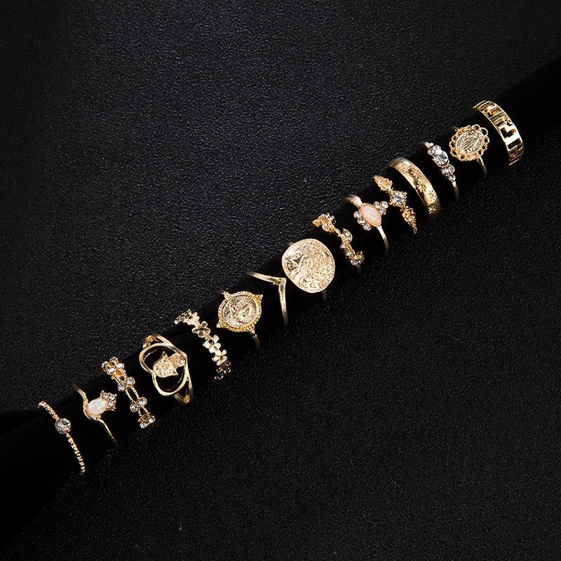 Vintage Alloy Coin Cross Pattern Rhinestone Love Ring Set - 15 Pieces