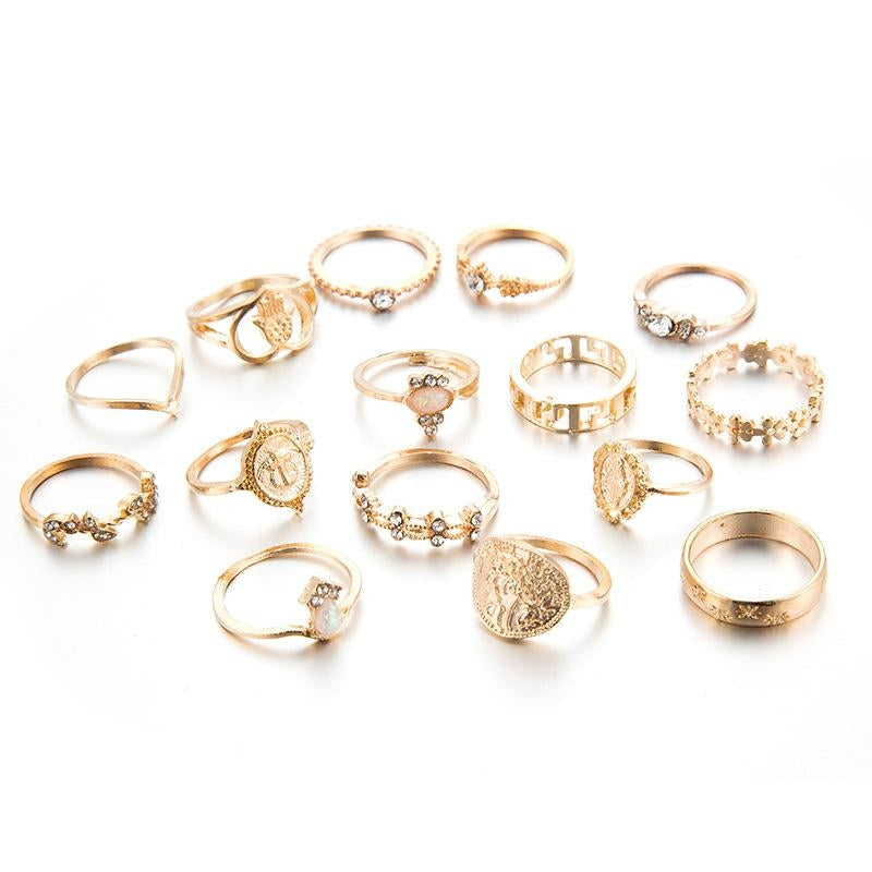 Vintage Alloy Coin Cross Pattern Rhinestone Love Ring Set - 15 Pieces