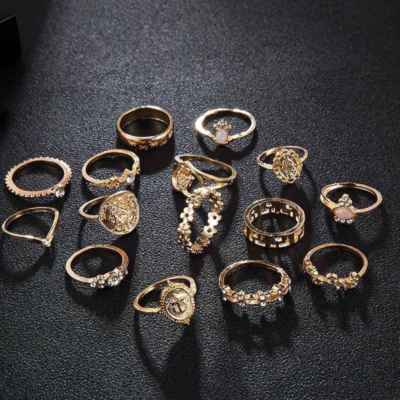 Vintage Alloy Coin Cross Pattern Rhinestone Love Ring Set - 15 Pieces