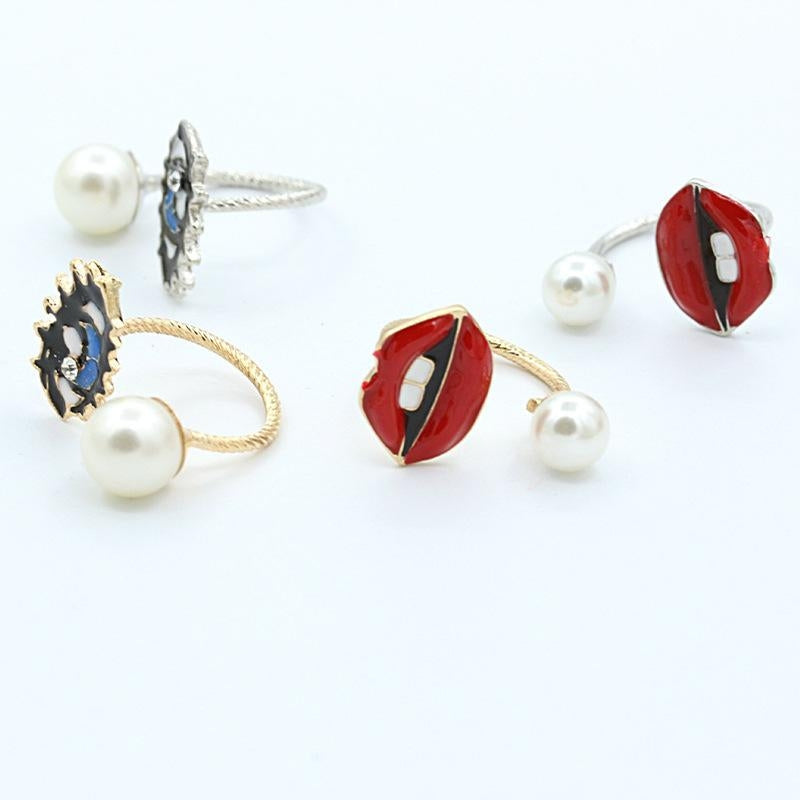 Vintage Pearl Gem Eye and Lip Open Ring