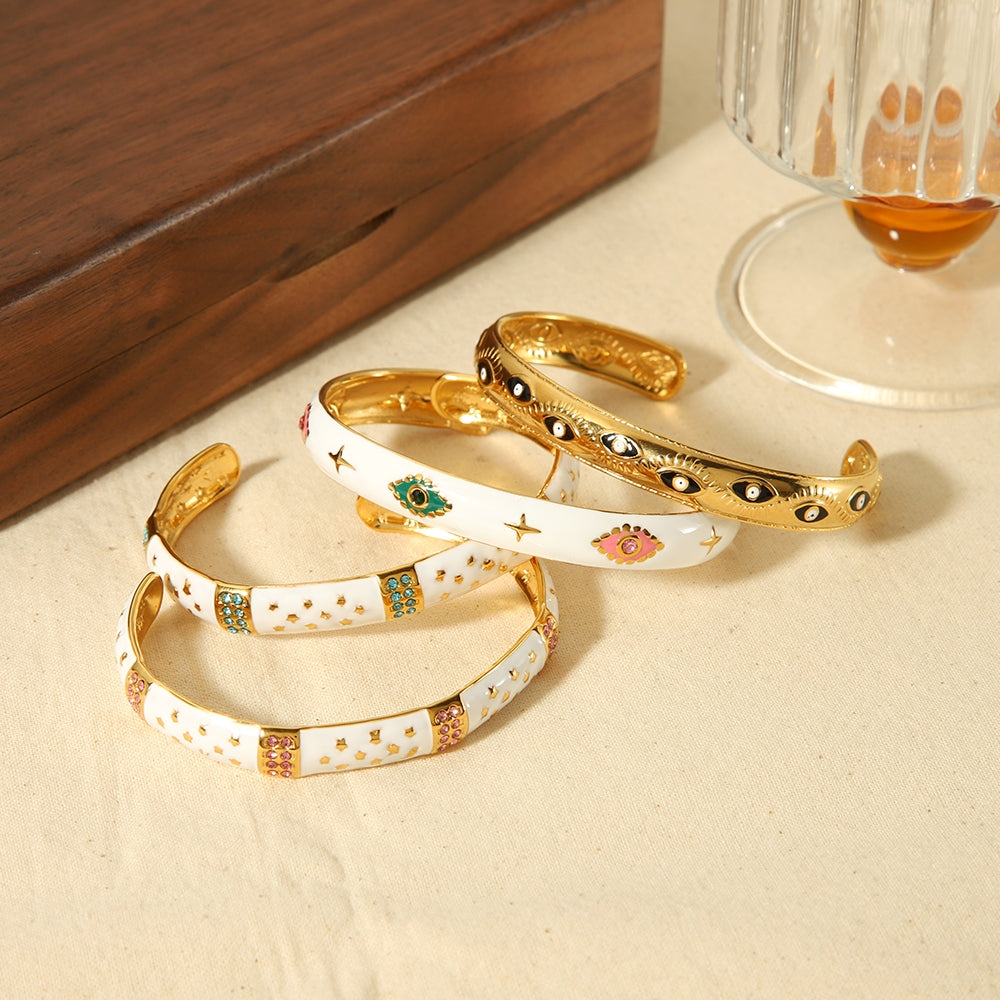 Vintage C Shape Star 18K Gold Plated Stainless Steel Bangle with Diamond Inlay Adjustable Bracelet