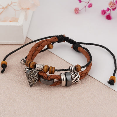 Vintage Ethnic Cross Leaf Alloy Wooden Bead Unisex Bracelet - European Retro Cowhide Handwoven Fashion