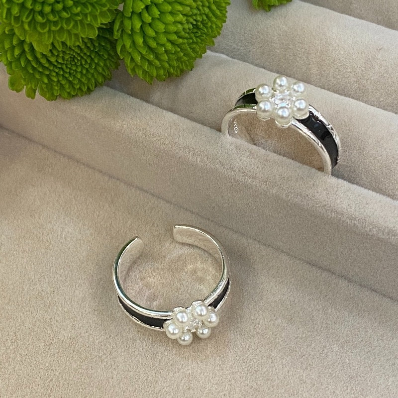 Vintage Floral Sterling Silver Pearl Adjustable Ring