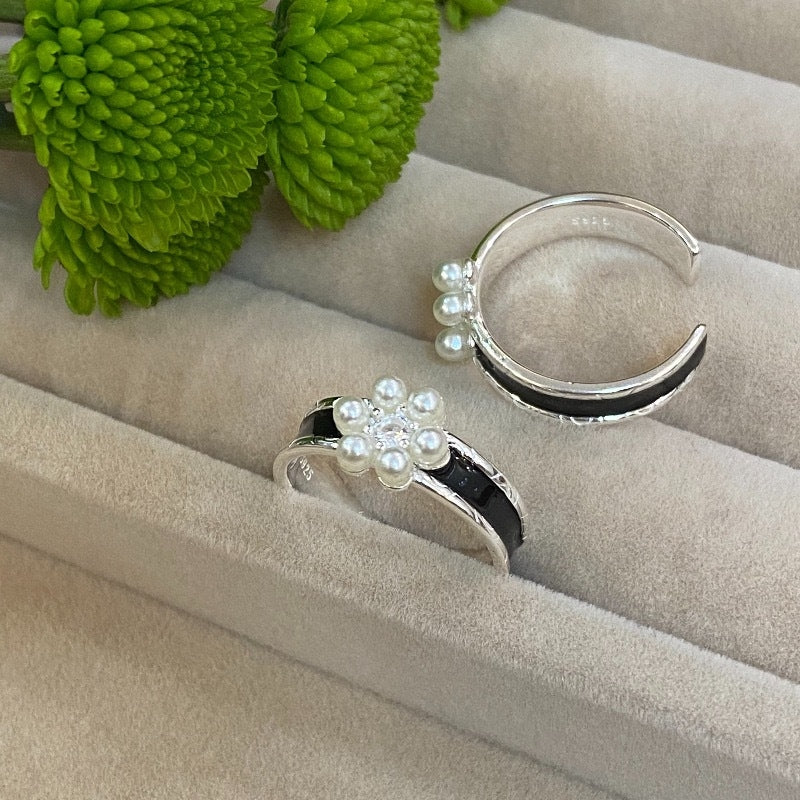 Vintage Floral Sterling Silver Pearl Adjustable Ring