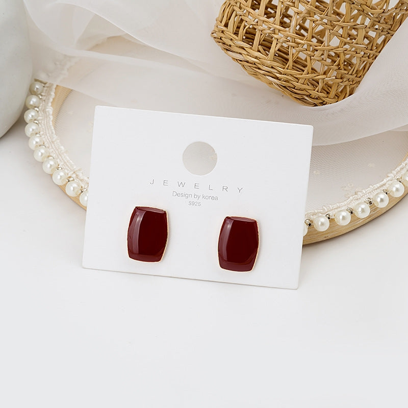 Vintage Geometric Enamel Square Stud Earrings with 925 Silver Needle