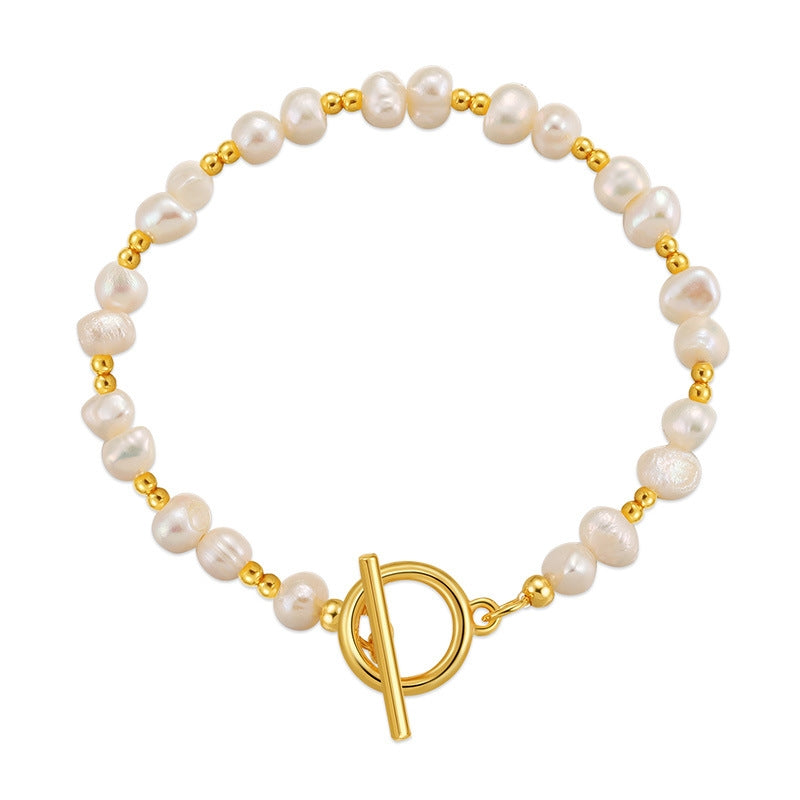 Vintage Geometric Freshwater Pearl 18k Gold Plated Bracelet