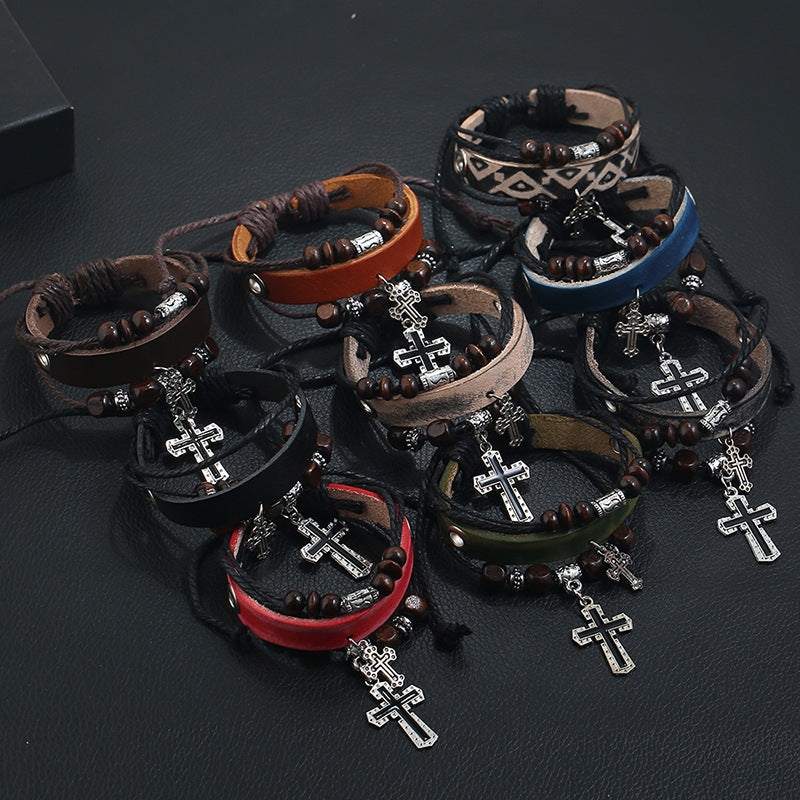 Vintage Geometric PU Leather Beaded Cross Cowhide Bracelet