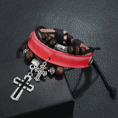 Vintage Geometric PU Leather Beaded Cross Cowhide Bracelet