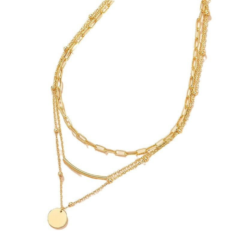 Vintage Multi-Layer Geometric Round Pendant Necklace