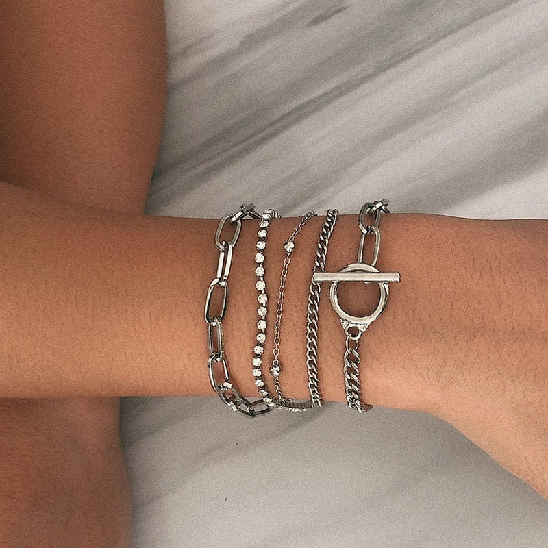 Vintage Geometric Alloy Chain & Bead Multi-Layer Women's Bracelet