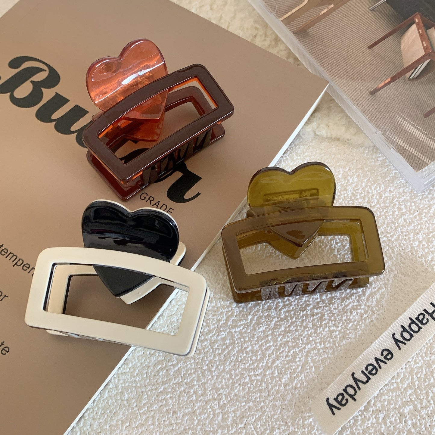 Vintage Heart & Square Acetate Hair Claw Clip Set