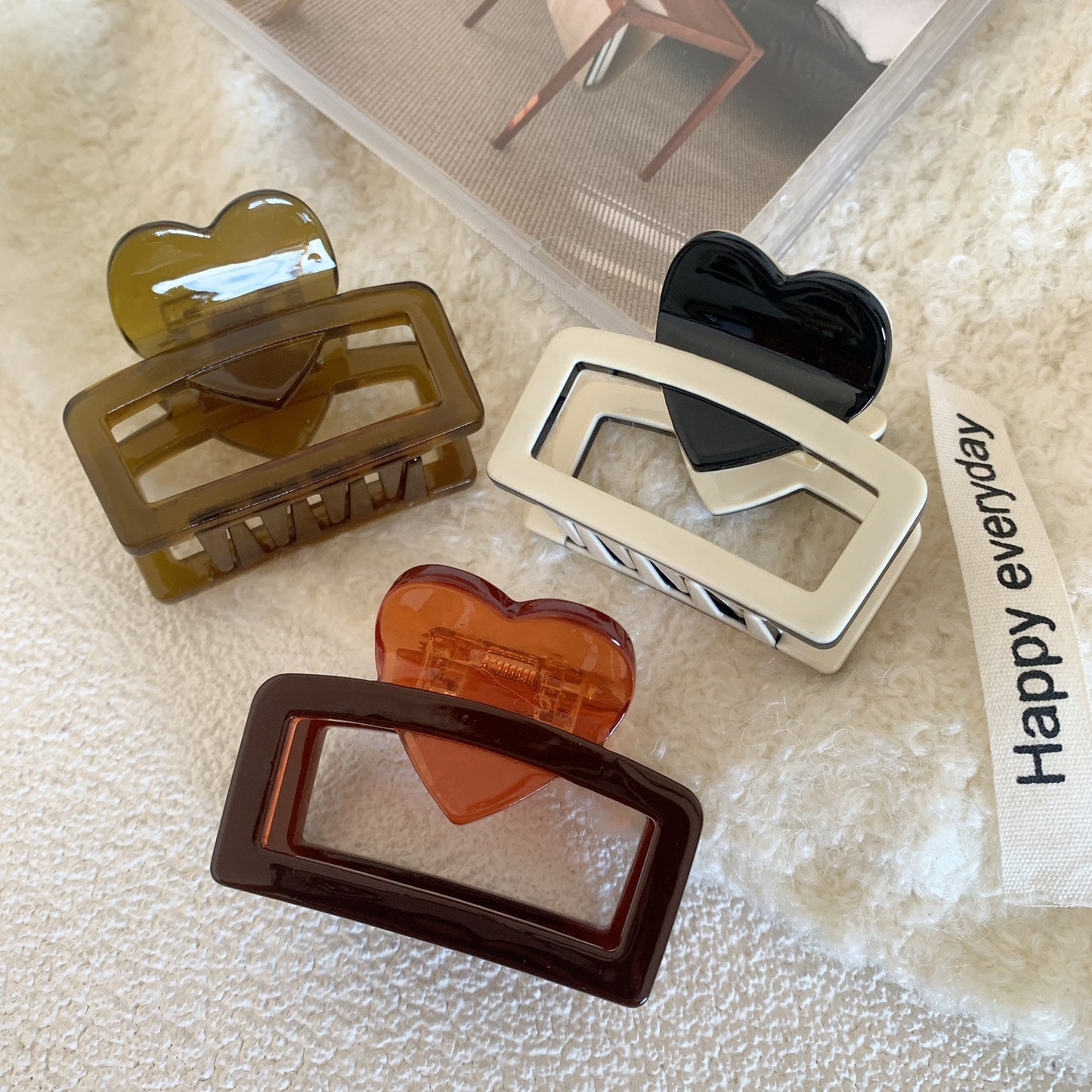 Vintage Heart & Square Acetate Hair Claw Clip Set