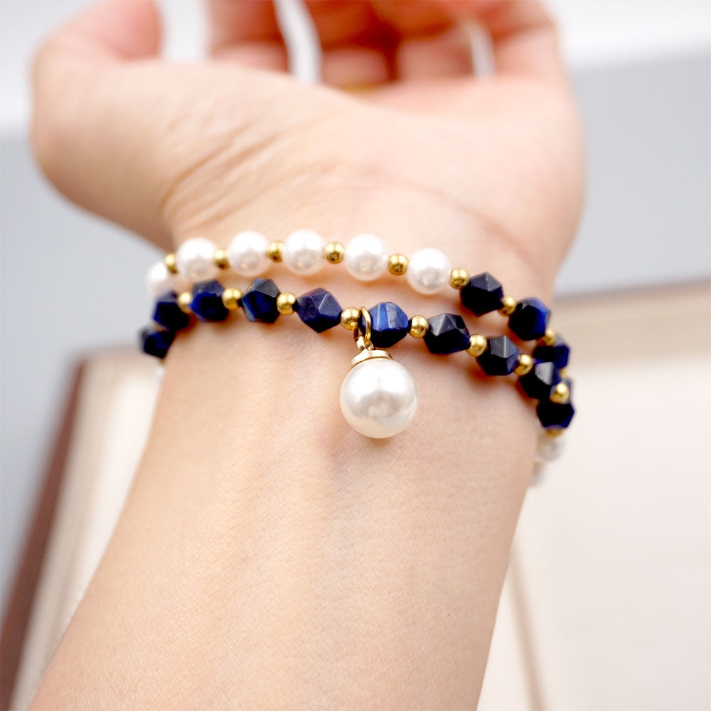 Vintage Modern Round Pearl Kyanite Stacking Bracelet
