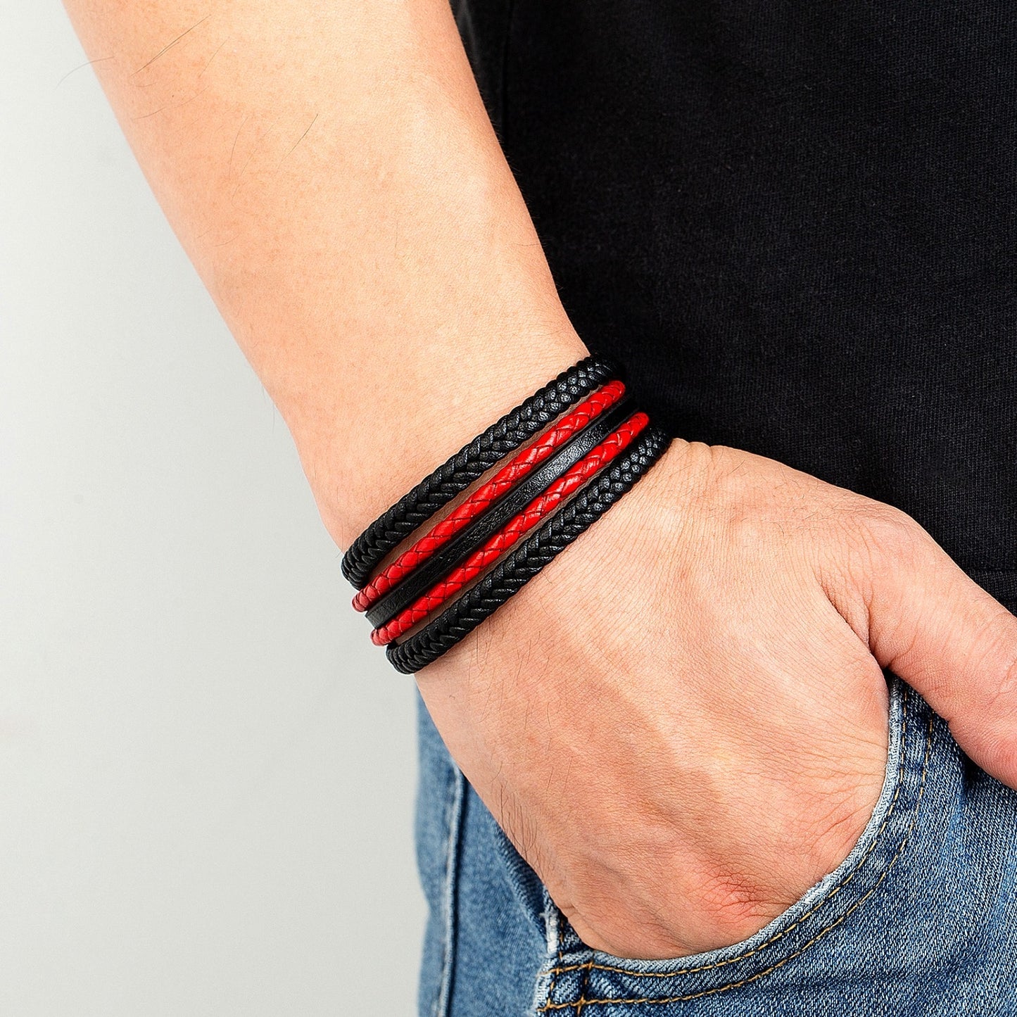 Vintage Punk Geometric Stainless Steel Leather Layered Men's Bracelet