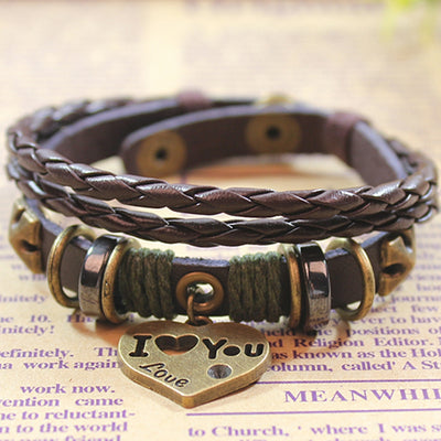 Vintage Romantic Heart Shape Leather Layered Unisex Bracelet