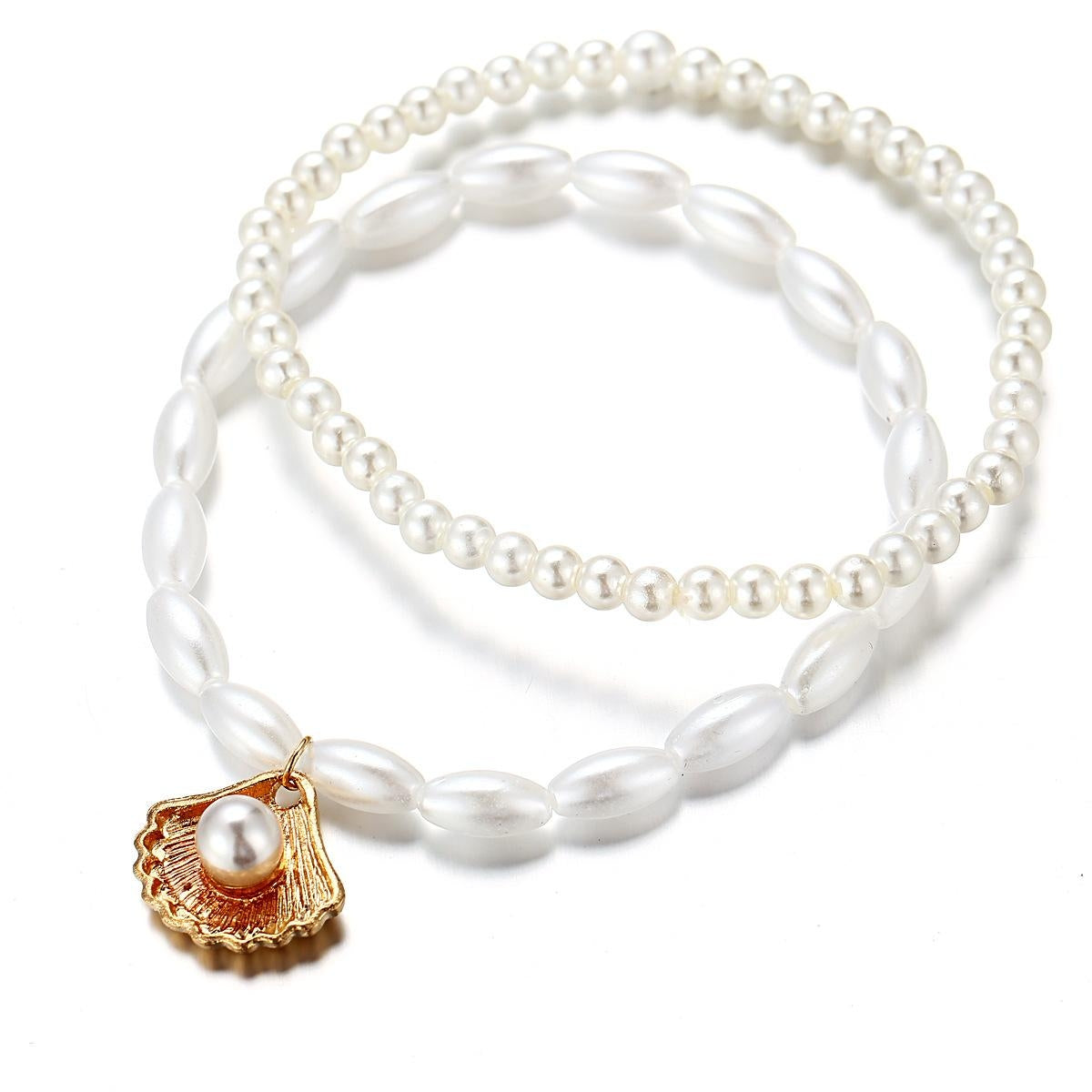 Vintage Shell Alloy Double Layer Anklet with Faux Pearl Pendant