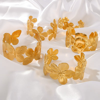 Vintage European Hip-Hop Butterfly & Flower 18K Gold Plated Stainless Steel Bangle Bracelet