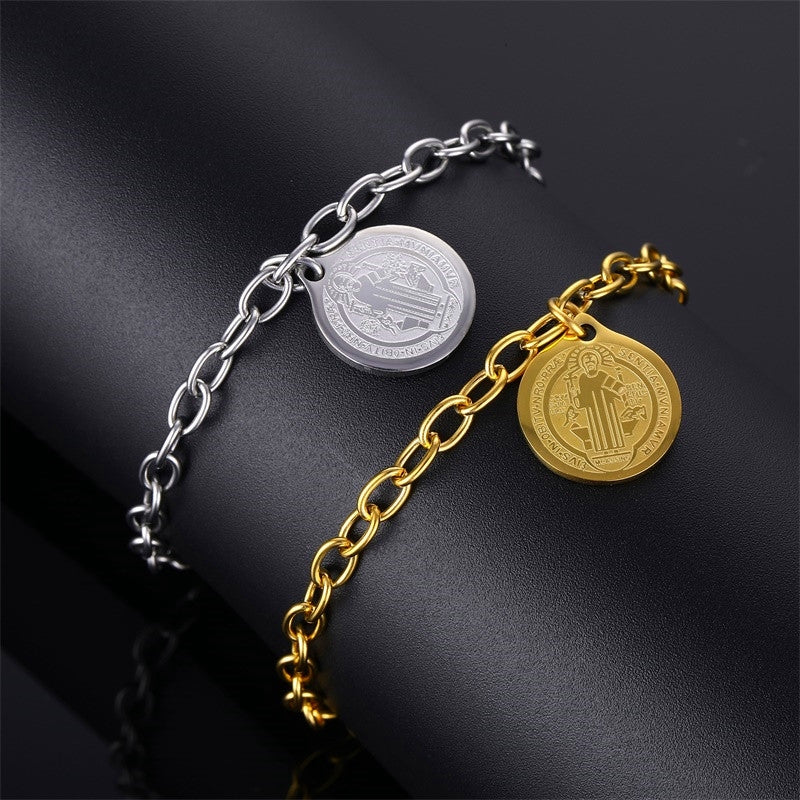 Vintage European Unisex 18k Gold Plated Stainless Steel St. Benedict Bracelet