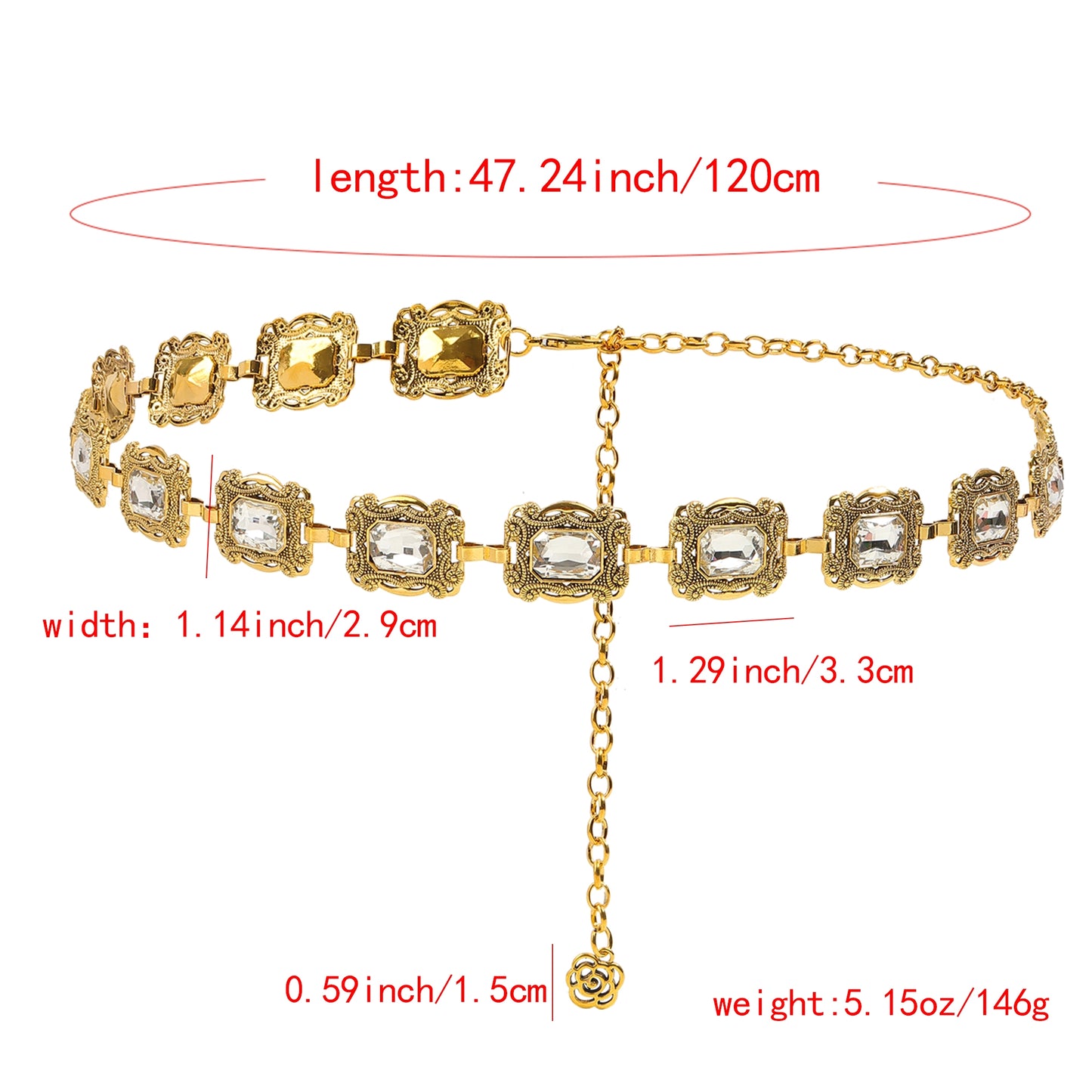 Vintage Rhinestone Inlay Rectangle Alloy Women's Chain Belt