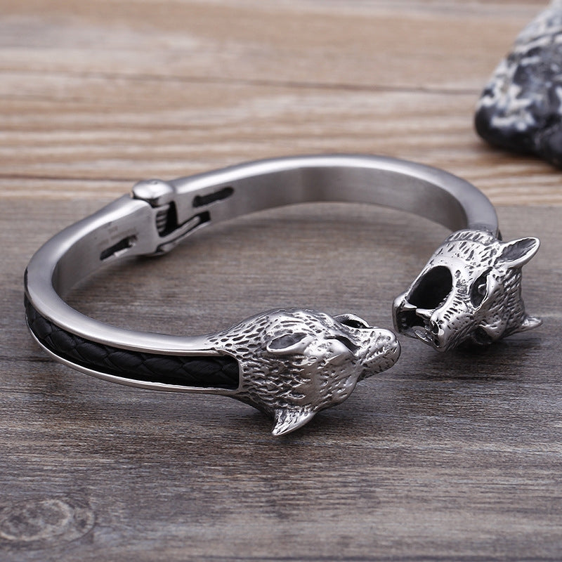Vintage Wolf Head Titanium Steel Open Bracelet for Men