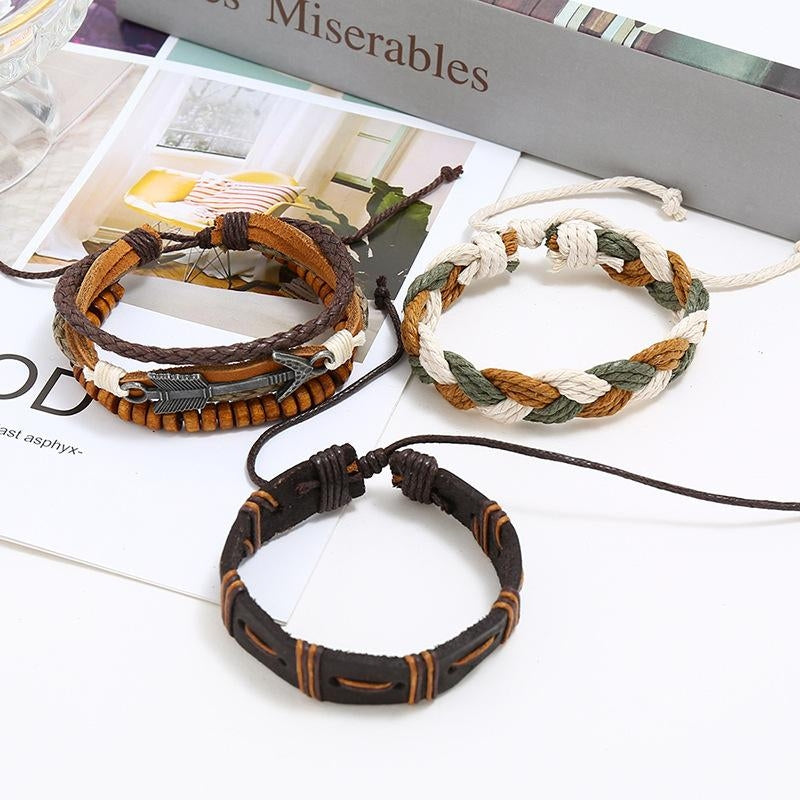 Vintage Cyberpunk Retro Woven Cowhide Leather Bracelet Set