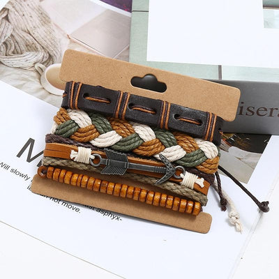 Vintage Cyberpunk Retro Woven Cowhide Leather Bracelet Set