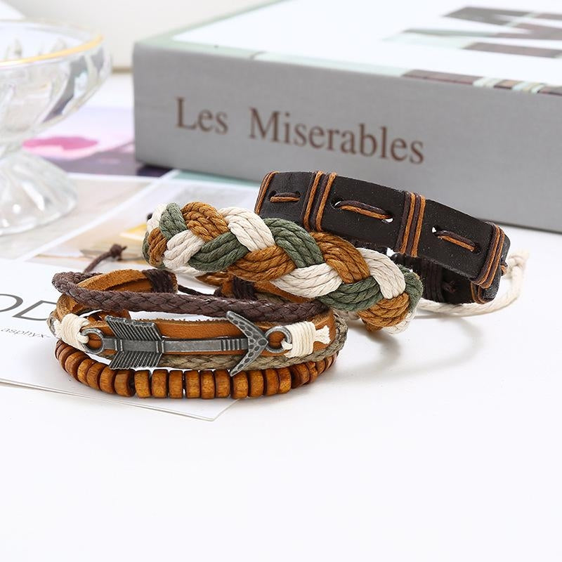 Vintage Cyberpunk Retro Woven Cowhide Leather Bracelet Set