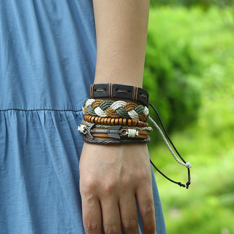 Vintage Cyberpunk Retro Woven Cowhide Leather Bracelet Set