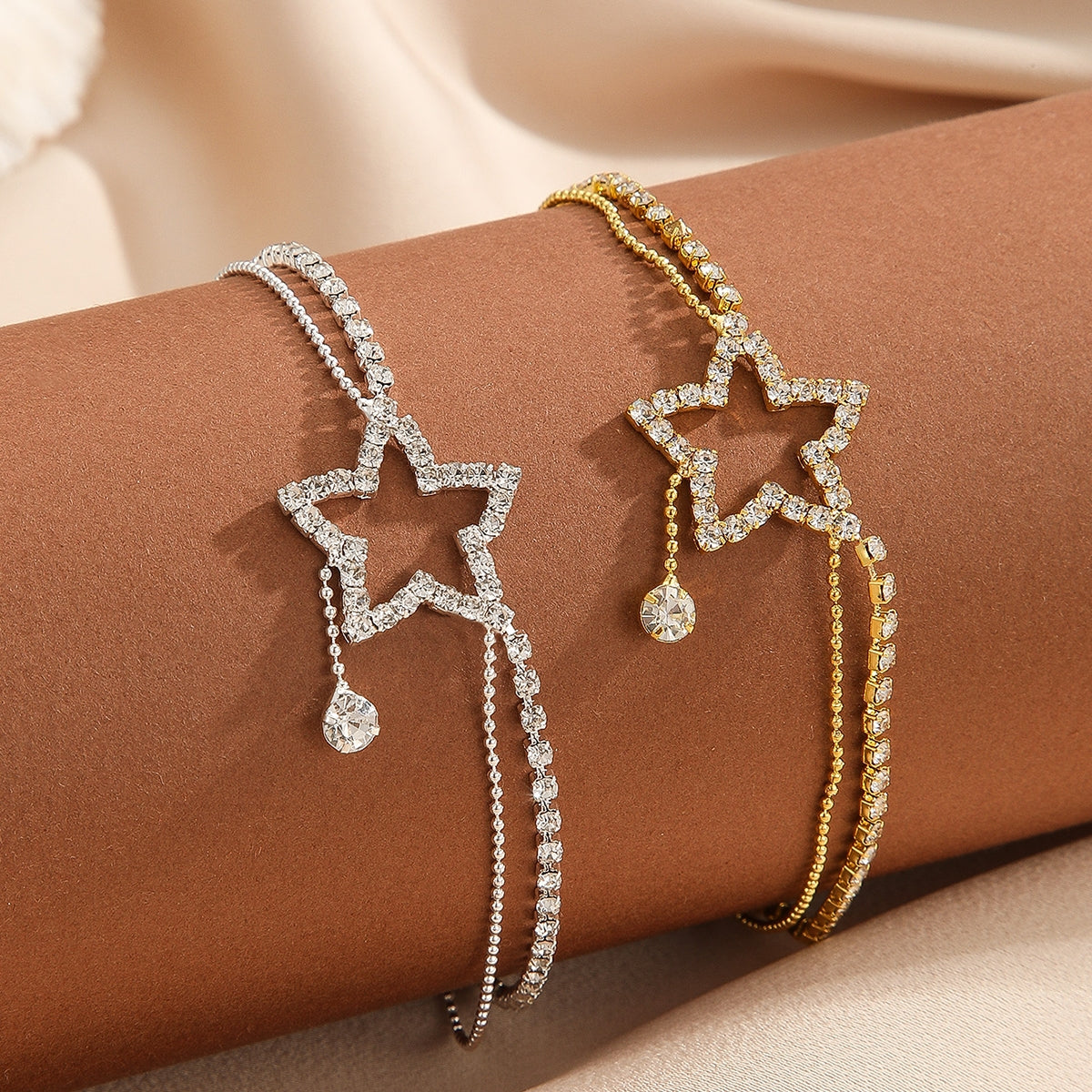Classic Pentagram Stainless Steel Rhinestone Double Layer Anklet for Women