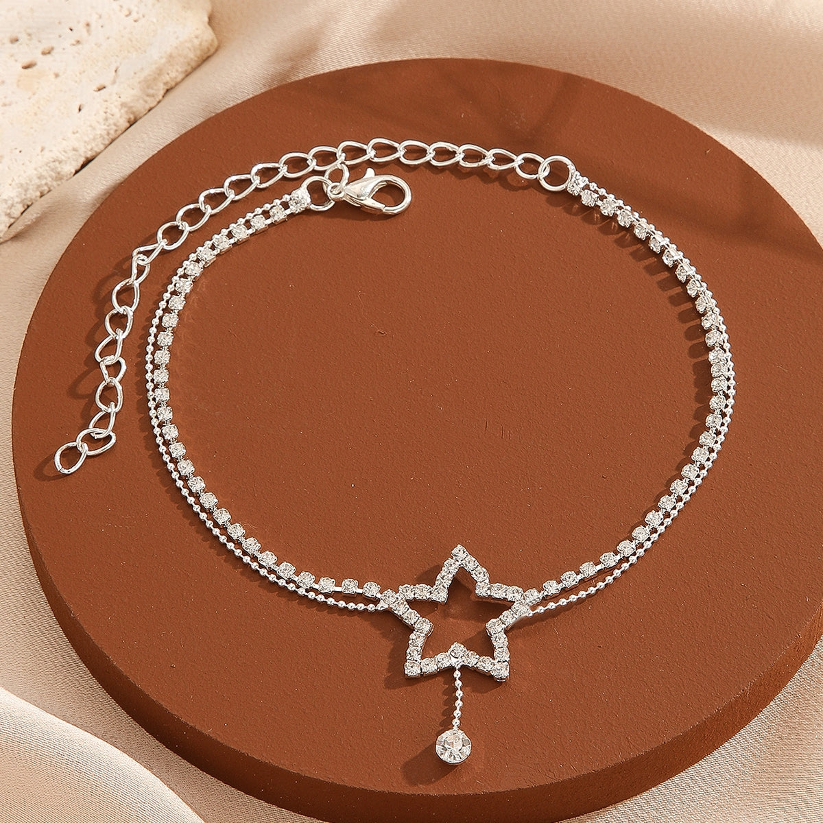 Classic Pentagram Stainless Steel Rhinestone Double Layer Anklet for Women