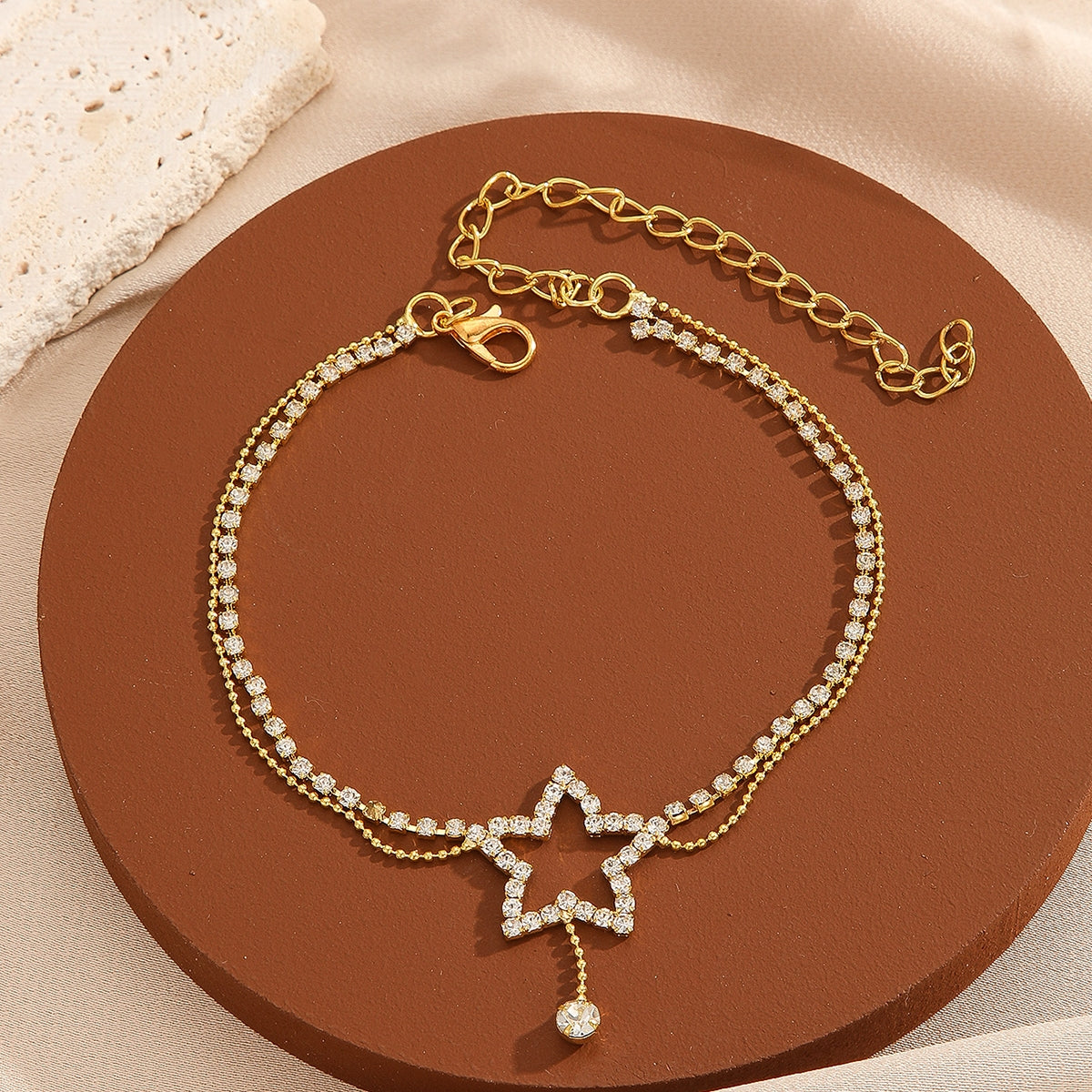 Classic Pentagram Stainless Steel Rhinestone Double Layer Anklet for Women
