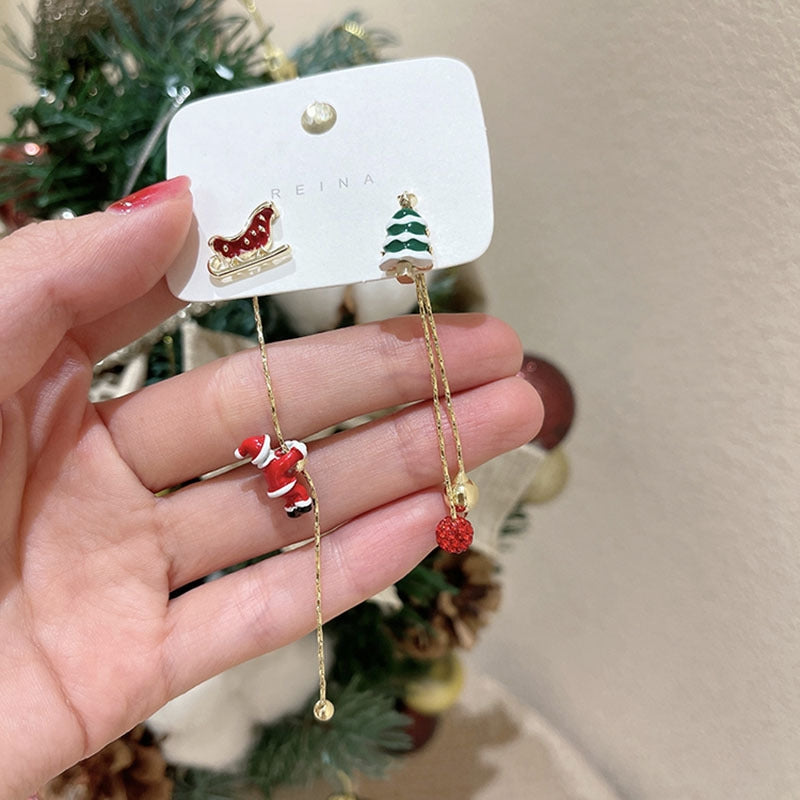 Cartoon Style Christmas Tree Santa Claus Asymmetric Enamel Drop Earrings