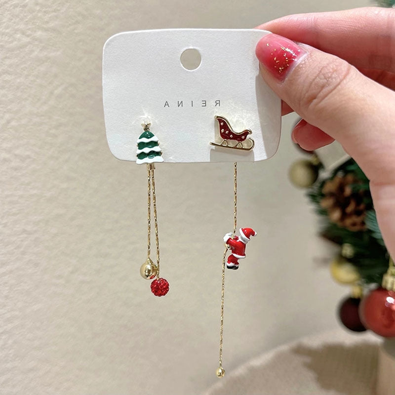 Cartoon Style Christmas Tree Santa Claus Asymmetric Enamel Drop Earrings