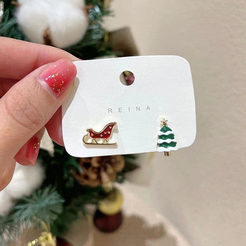Cartoon Style Christmas Tree Santa Claus Asymmetric Enamel Drop Earrings