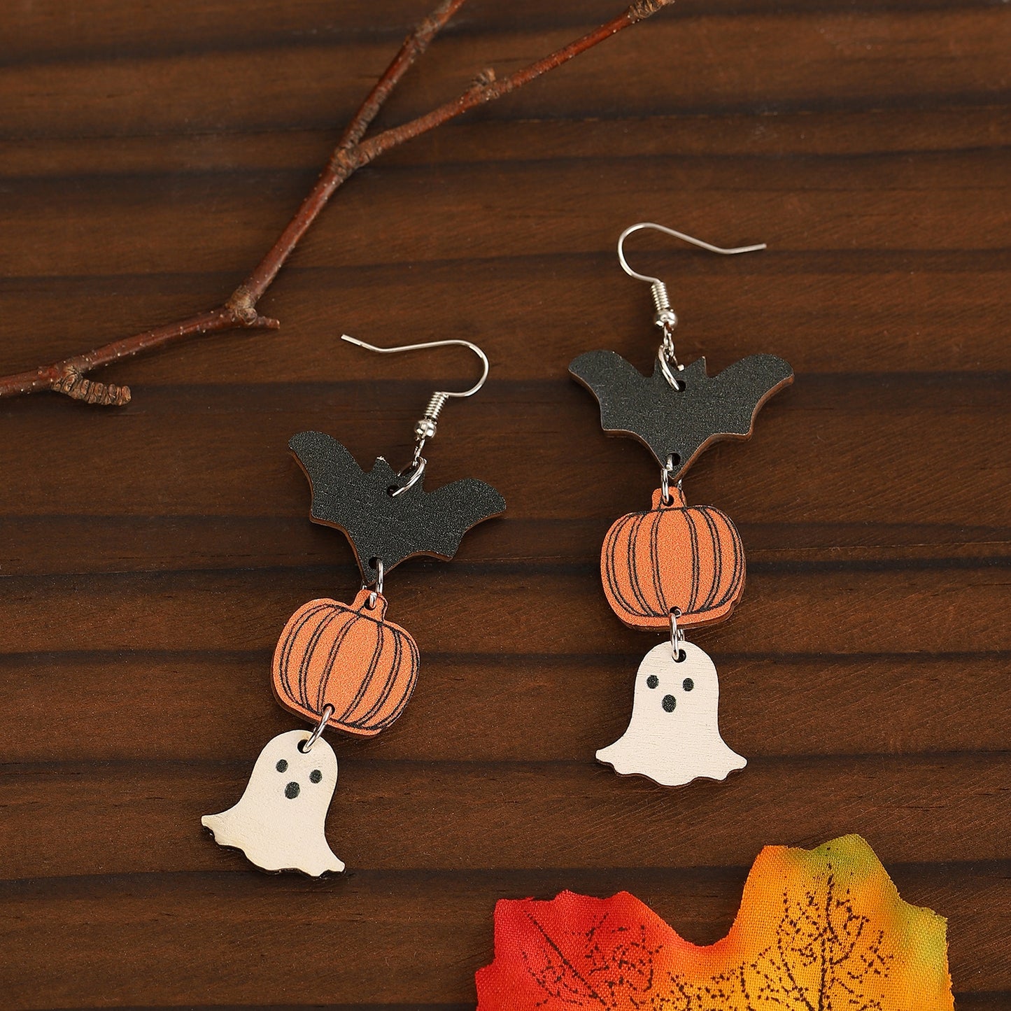 Halloween Pumpkin Ghost Wood Drop Earrings - Creative Hollow Design