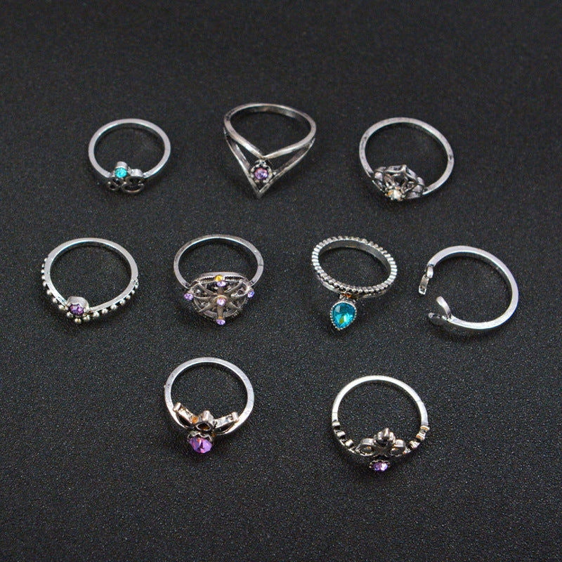 Geometric Ship Rudder Cross Leaf Gemstone 9-Piece Ring Set for Women