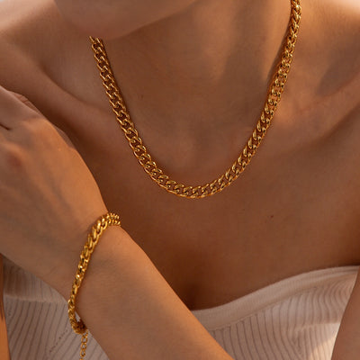 18K Gold Plated Cuban Link Chain Titanium Steel Necklace and Bracelet Set