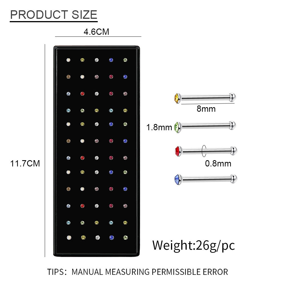 Wholesale Minimalist Round Stainless Steel Rhinestone Nose Studs - 60 Pieces Boxed Body Piercing Jewelry