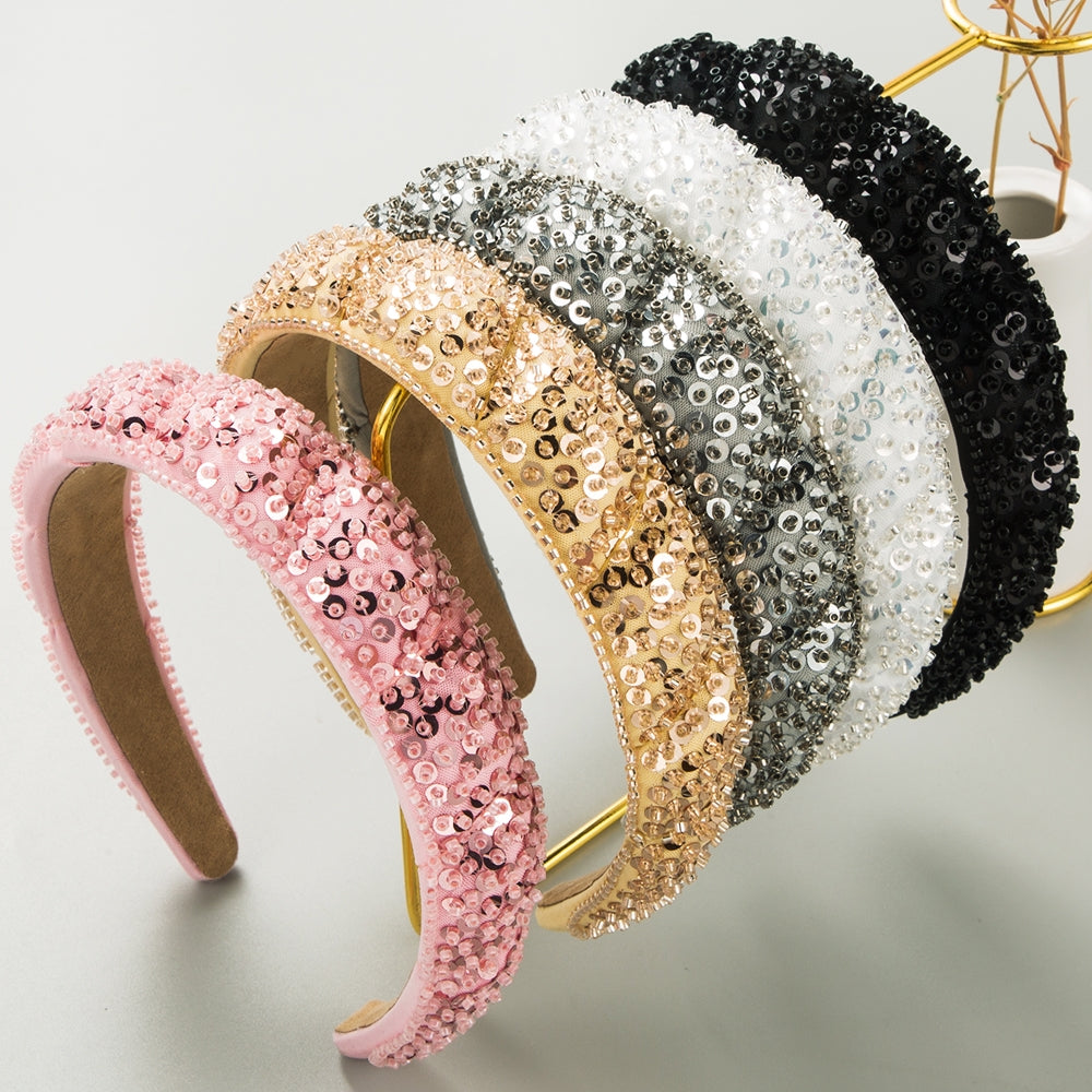 Women's Luxury Handmade Beaded Crystal Sequin Wide-Brimmed Hair Band