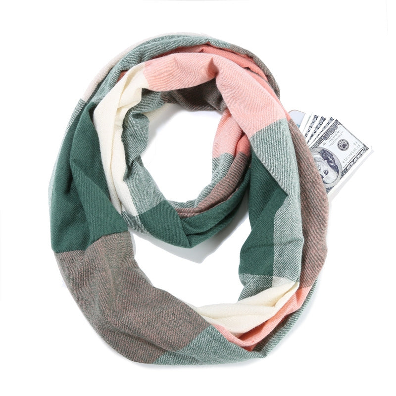 Women's Classic Color Block Imitation Cashmere Scarf with Pocket Zipper