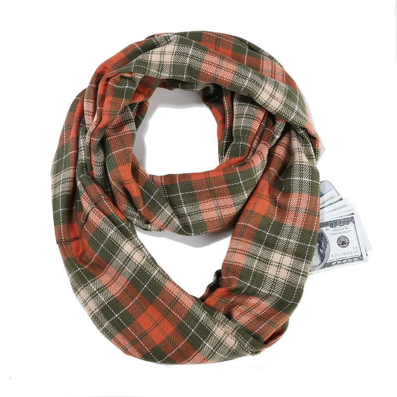 Women's Classic Color Block Imitation Cashmere Scarf with Pocket Zipper