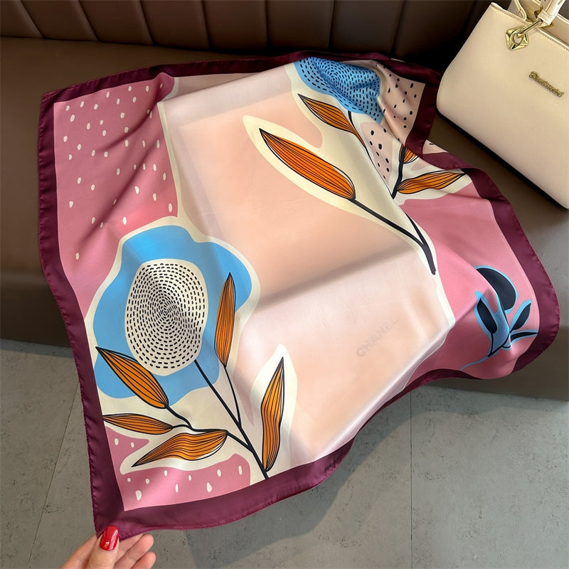 Women's Elegant Floral Print Silk Square Scarf