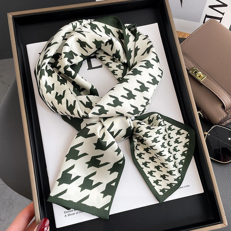 Women's Elegant Houndstooth Silk Scarf and Hair Ribbon