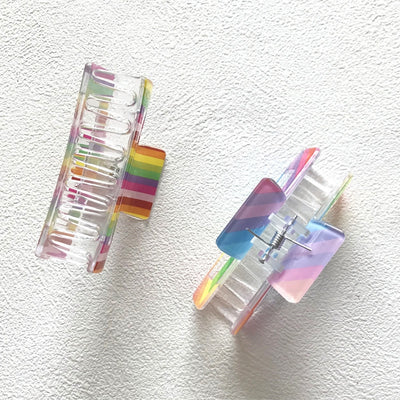 Women's Colorful Handmade Hair Claw Clips - Korean Style Rainbow Stripe Square Hairpin