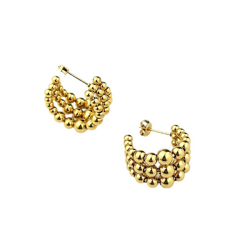 1 Pair Minimalist C Shape Stainless Steel Beaded Hoop Earrings
