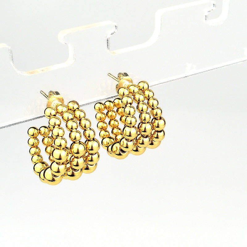 1 Pair Minimalist C Shape Stainless Steel Beaded Hoop Earrings