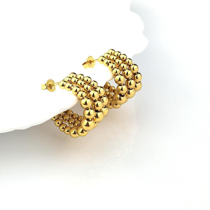 1 Pair Minimalist C Shape Stainless Steel Beaded Hoop Earrings