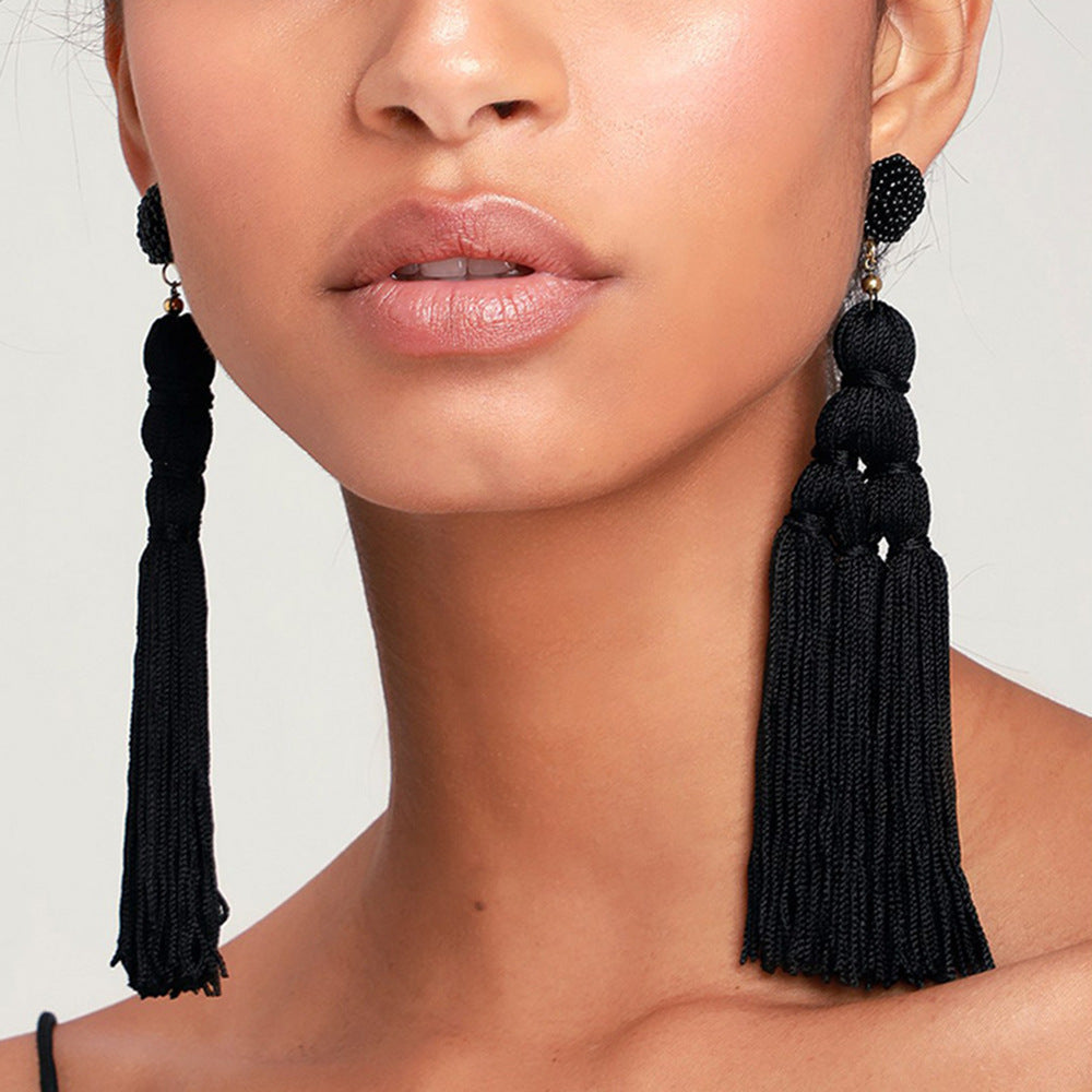 Bohemian Tassel Beaded Polyester Braid Handmade Drop Earrings for Women